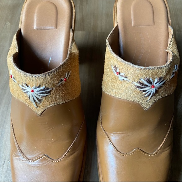 Vintage 90s Cloudsteppers western leather calf hair embroidered mules - Picture 4 of 9